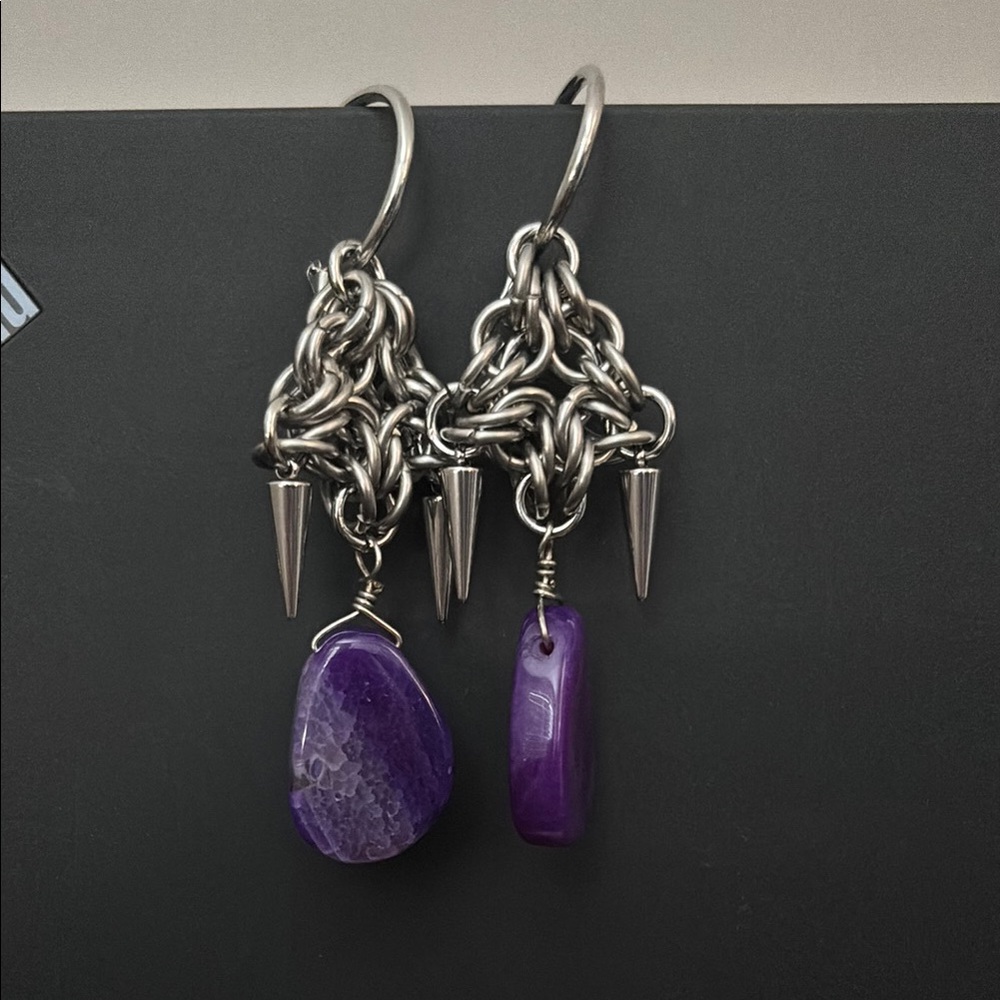 Purple and Silver Wire-Wrapped Earrings with Agathe  Beads
